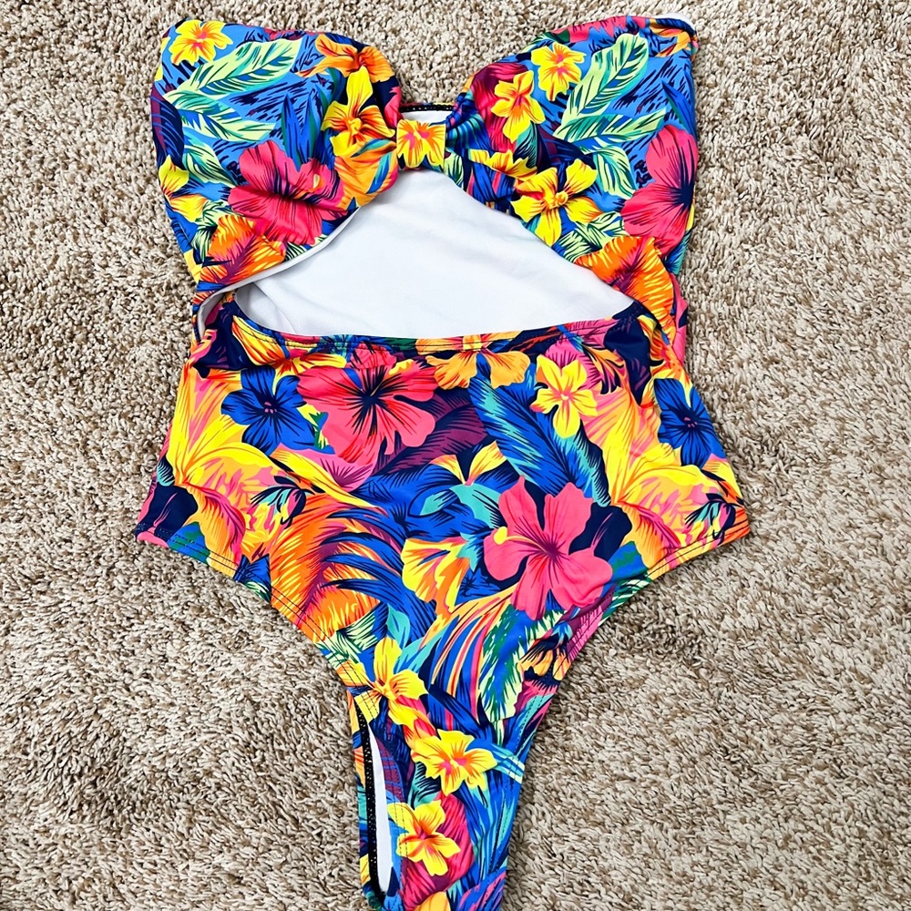 Shein Colorful Floral One Piece Cutout Suit